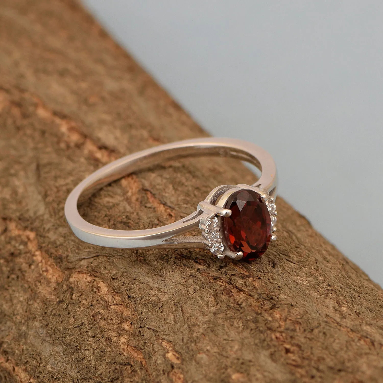 0.65 Ctw Oval Garnet 925 Sterling Silver Solitaire Accents Women Wedding Ring