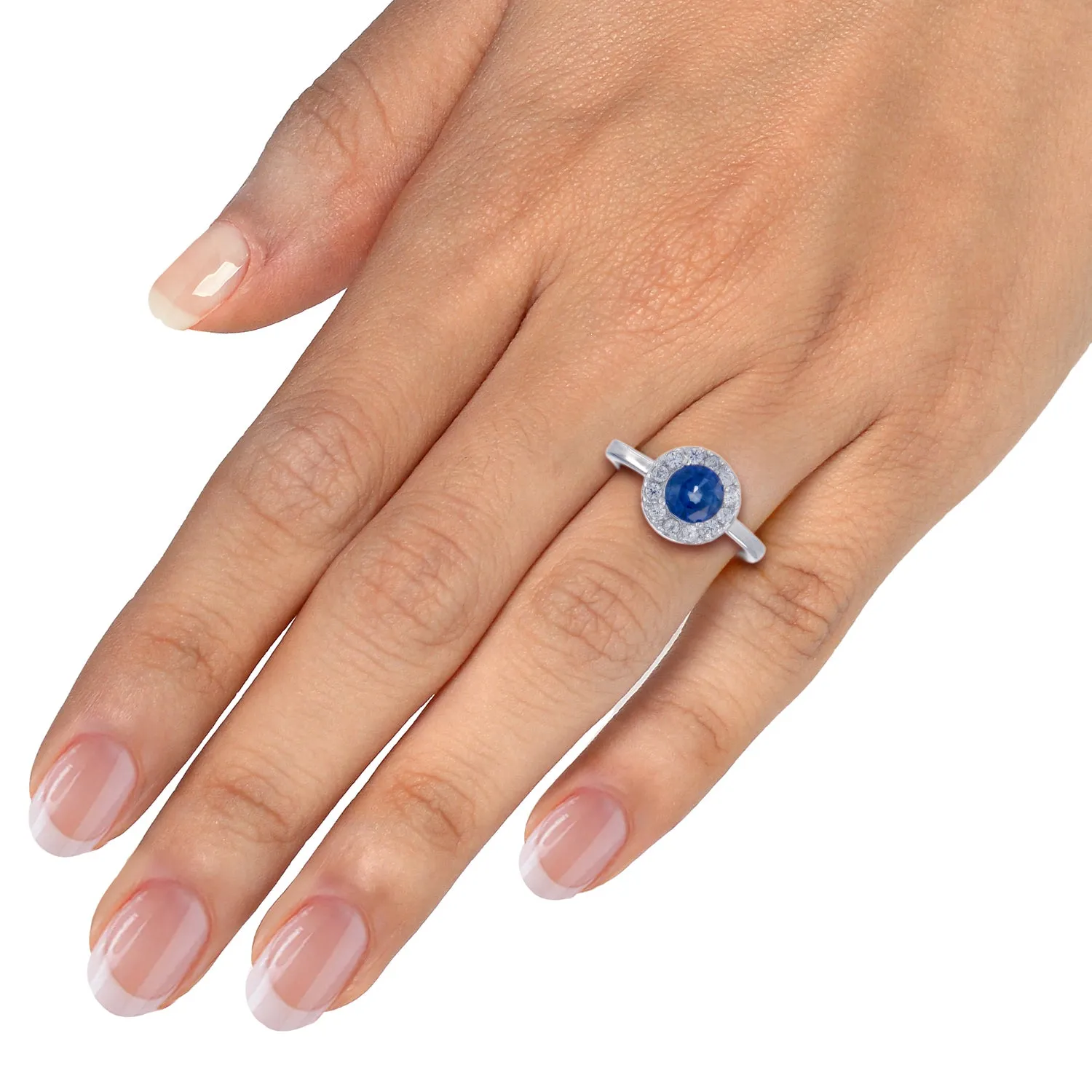0.80 cttw Created Blue Sapphire Ring .925 Sterling Silver Rhodium Round 6 MM Size 7