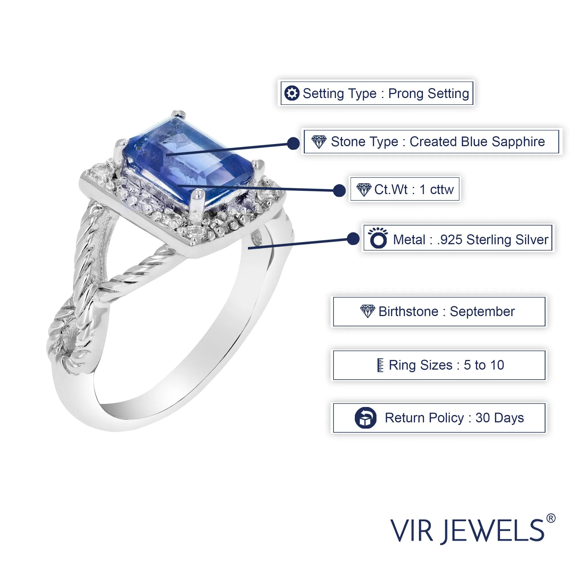 1 cttw Created Blue Sapphire Ring .925 Sterling Silver Rhodium Emerald 7x5 MM Size 7