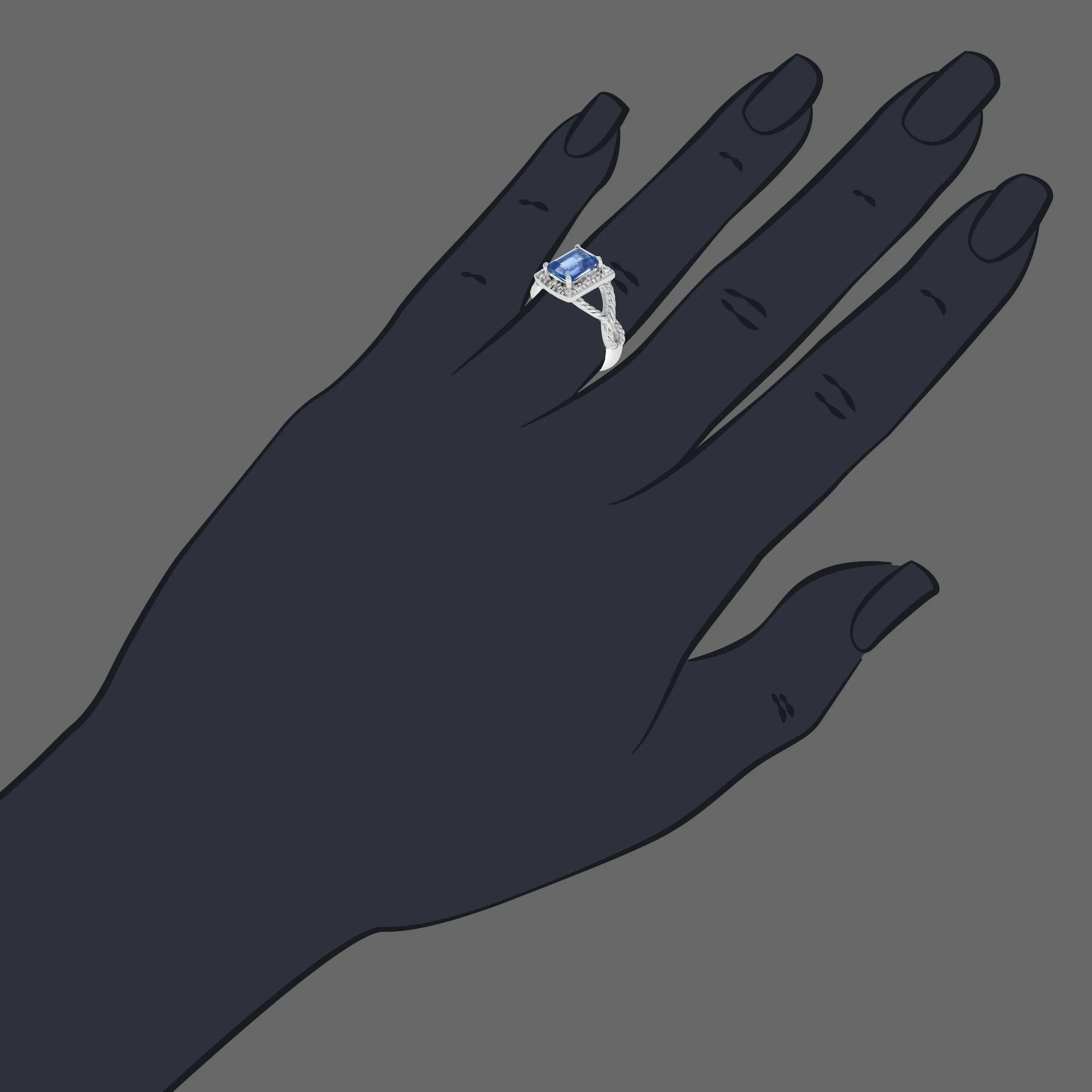 1 cttw Created Blue Sapphire Ring .925 Sterling Silver Rhodium Emerald 7x5 MM Size 7