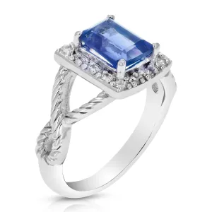 1 cttw Created Blue Sapphire Ring .925 Sterling Silver Rhodium Emerald 7x5 MM Size 7