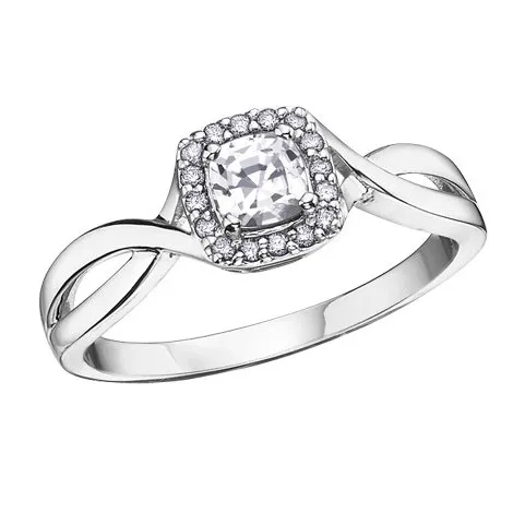 10K White Gold (April) Birthstone White Zircon and Diamond Halo Ring
