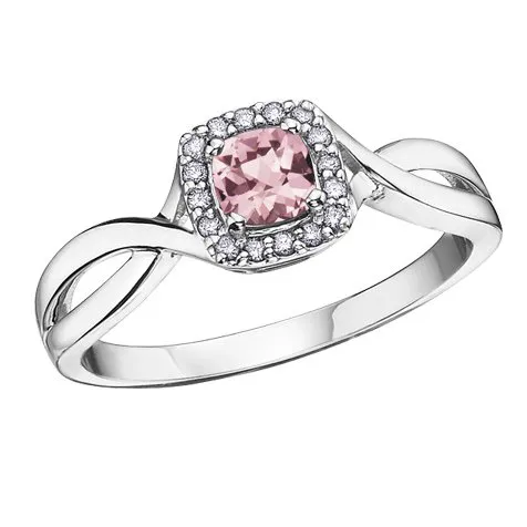 10K White Gold (June) Birthstone Pink Topaz and Diamond Halo Ring