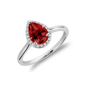 10K White Gold Teardrop Created Ruby and Diamond Halo Ring