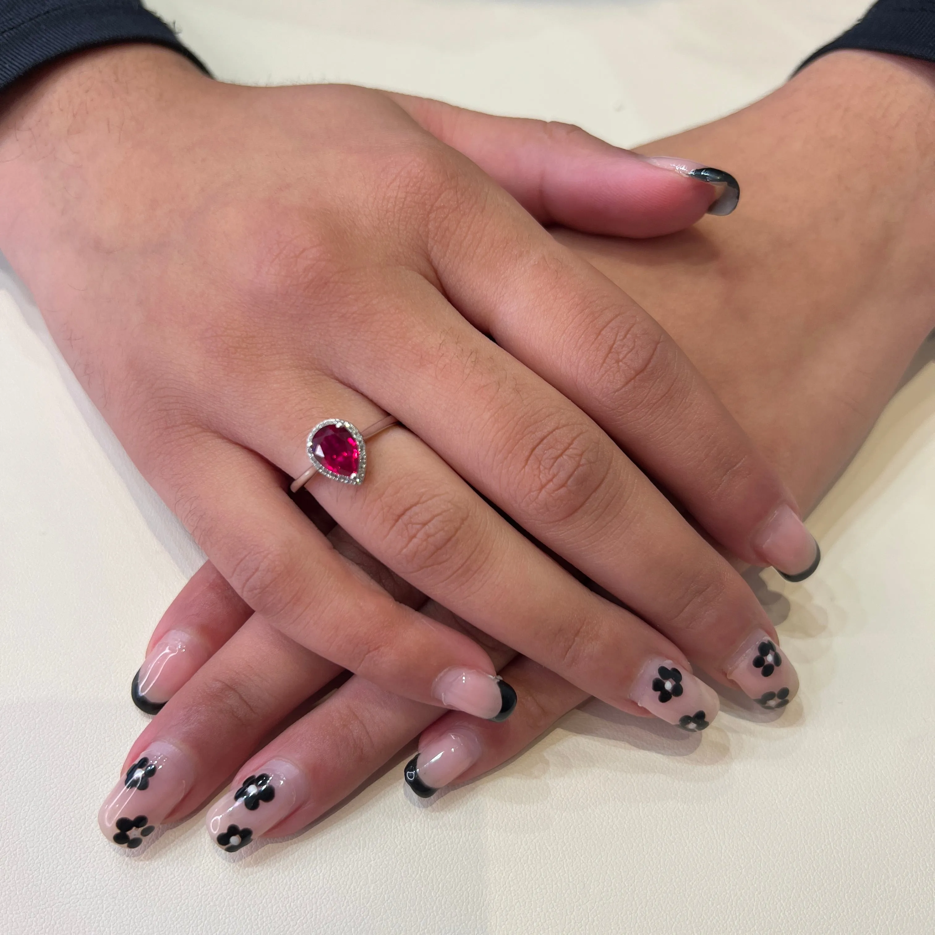 10K White Gold Teardrop Created Ruby and Diamond Halo Ring