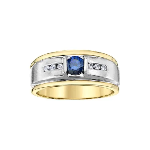 10K Yellow and White Gold Blue Sapphire and Diamond Men's Ring