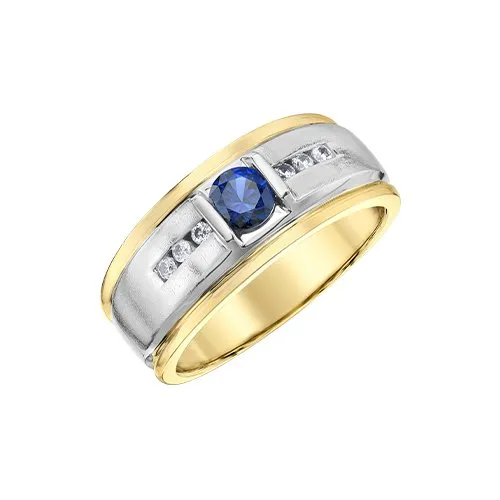 10K Yellow and White Gold Blue Sapphire and Diamond Men's Ring