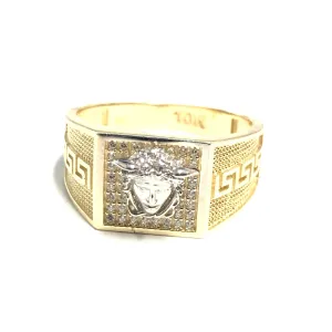 10K Yellow Gold Greek Key Mens CZ Ring