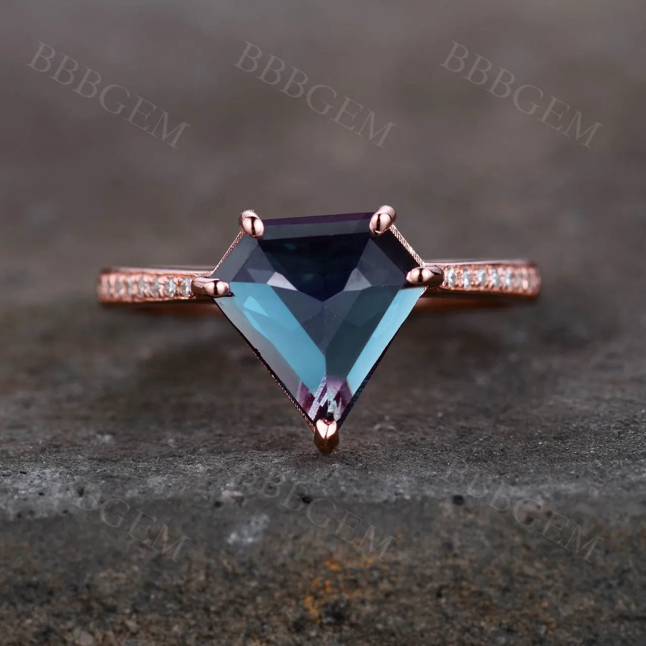 10mm Shield Cut Alexandrite Engagement Ring Half Eternity Diamond Band
