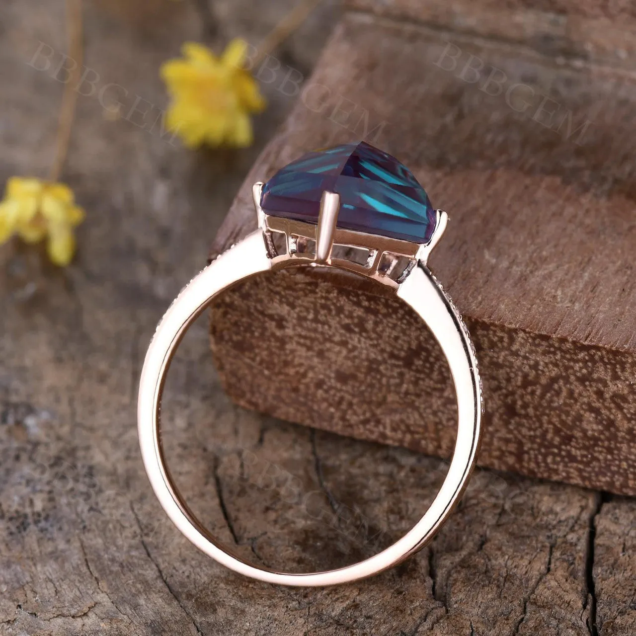 10mm Shield Cut Alexandrite Engagement Ring Half Eternity Diamond Band