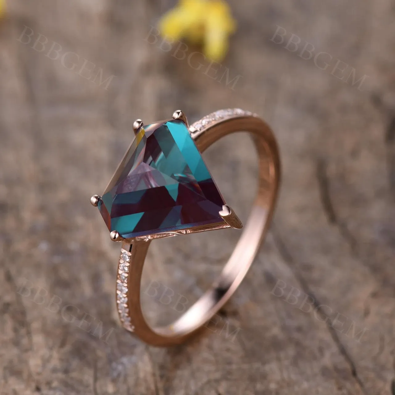 10mm Shield Cut Alexandrite Engagement Ring Half Eternity Diamond Band