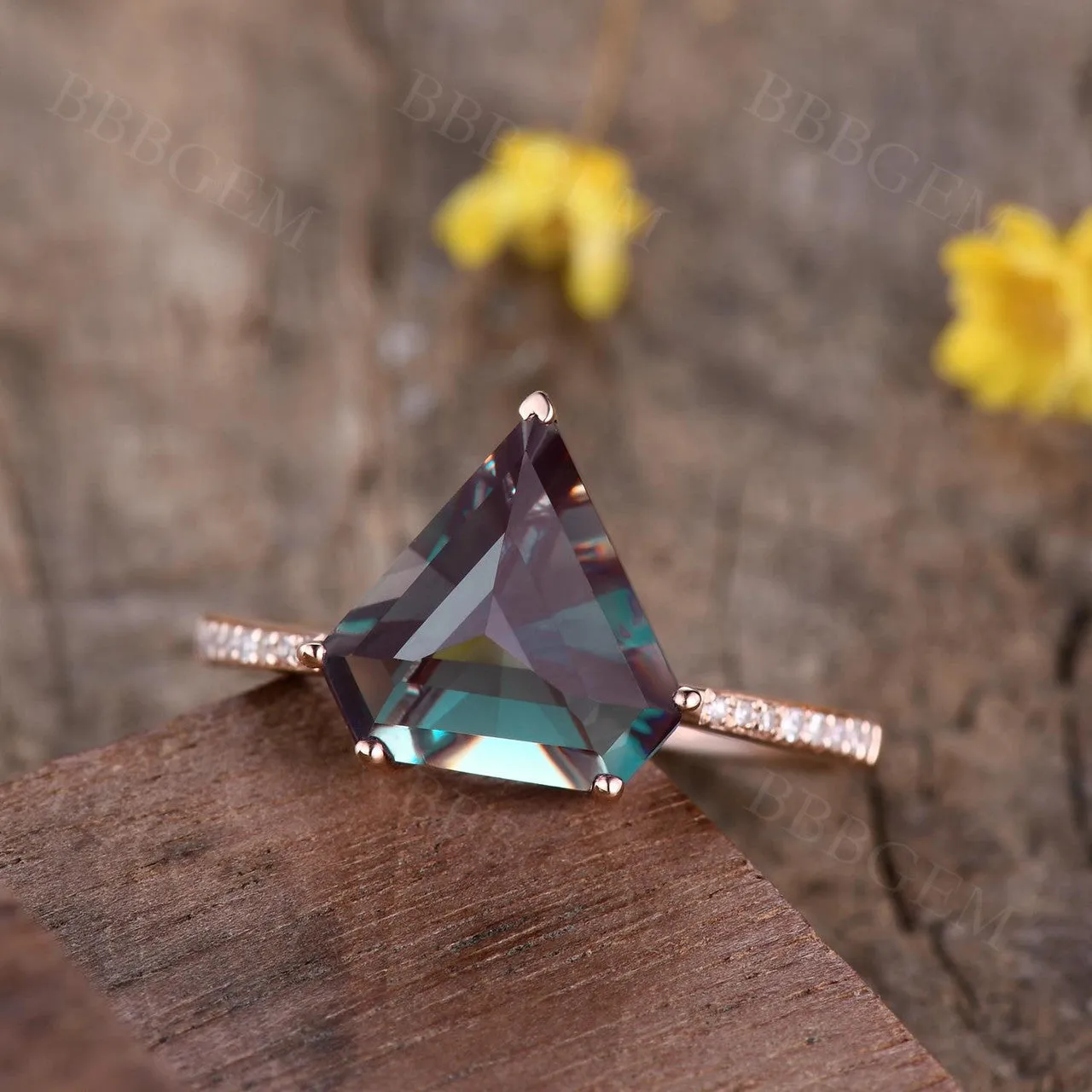 10mm Shield Cut Alexandrite Engagement Ring Half Eternity Diamond Band