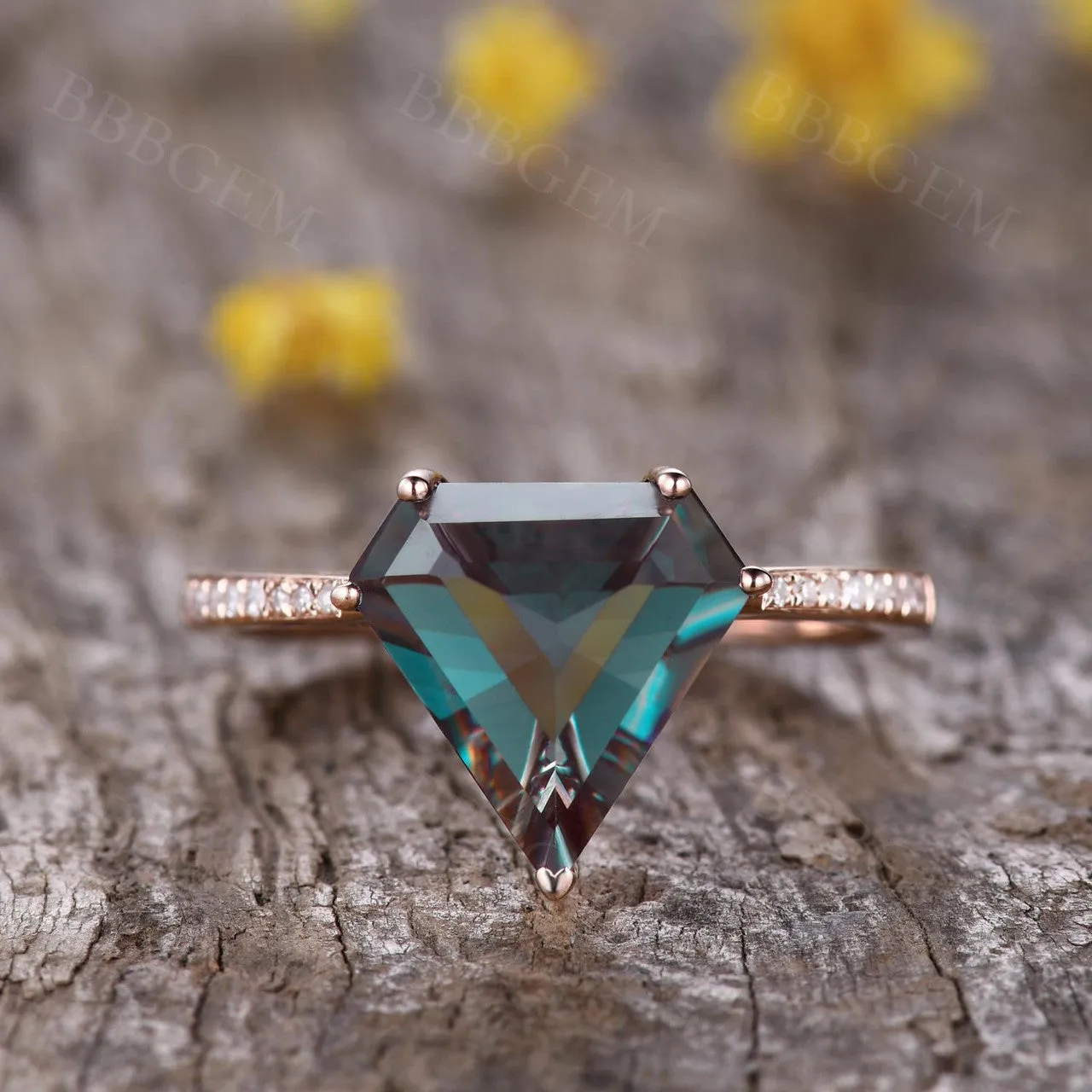 10mm Shield Cut Alexandrite Engagement Ring Half Eternity Diamond Band