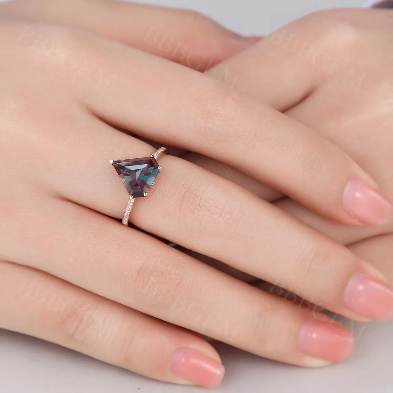 10mm Shield Cut Alexandrite Engagement Ring Half Eternity Diamond Band