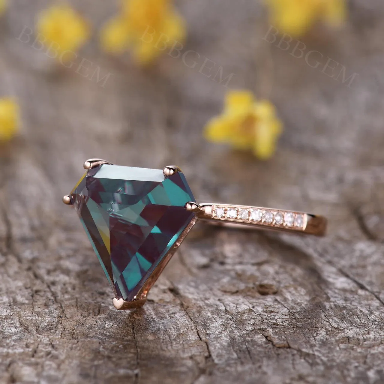 10mm Shield Cut Alexandrite Engagement Ring Half Eternity Diamond Band