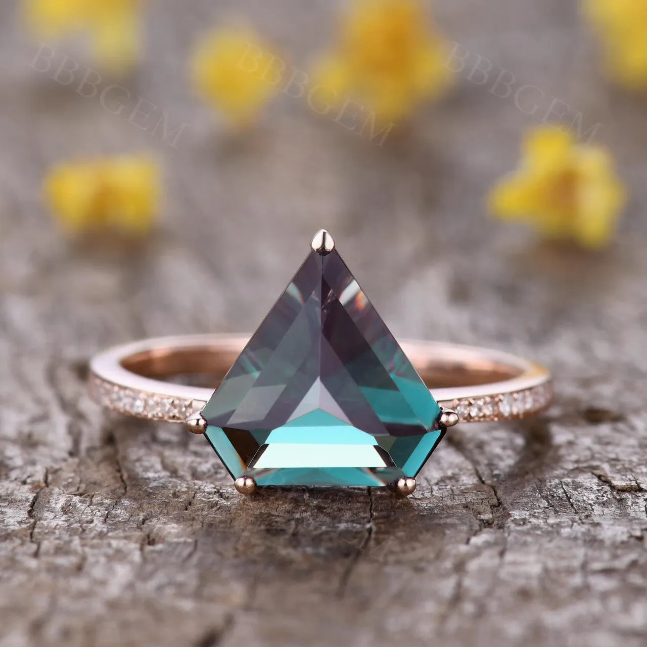 10mm Shield Cut Alexandrite Engagement Ring Half Eternity Diamond Band