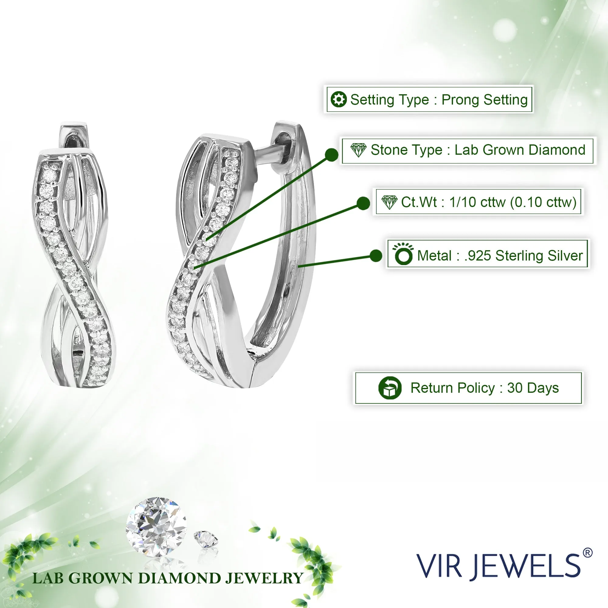 1/10 cttw Lab Grown Diamond infinity Hoop Earrings in Sterling Silver