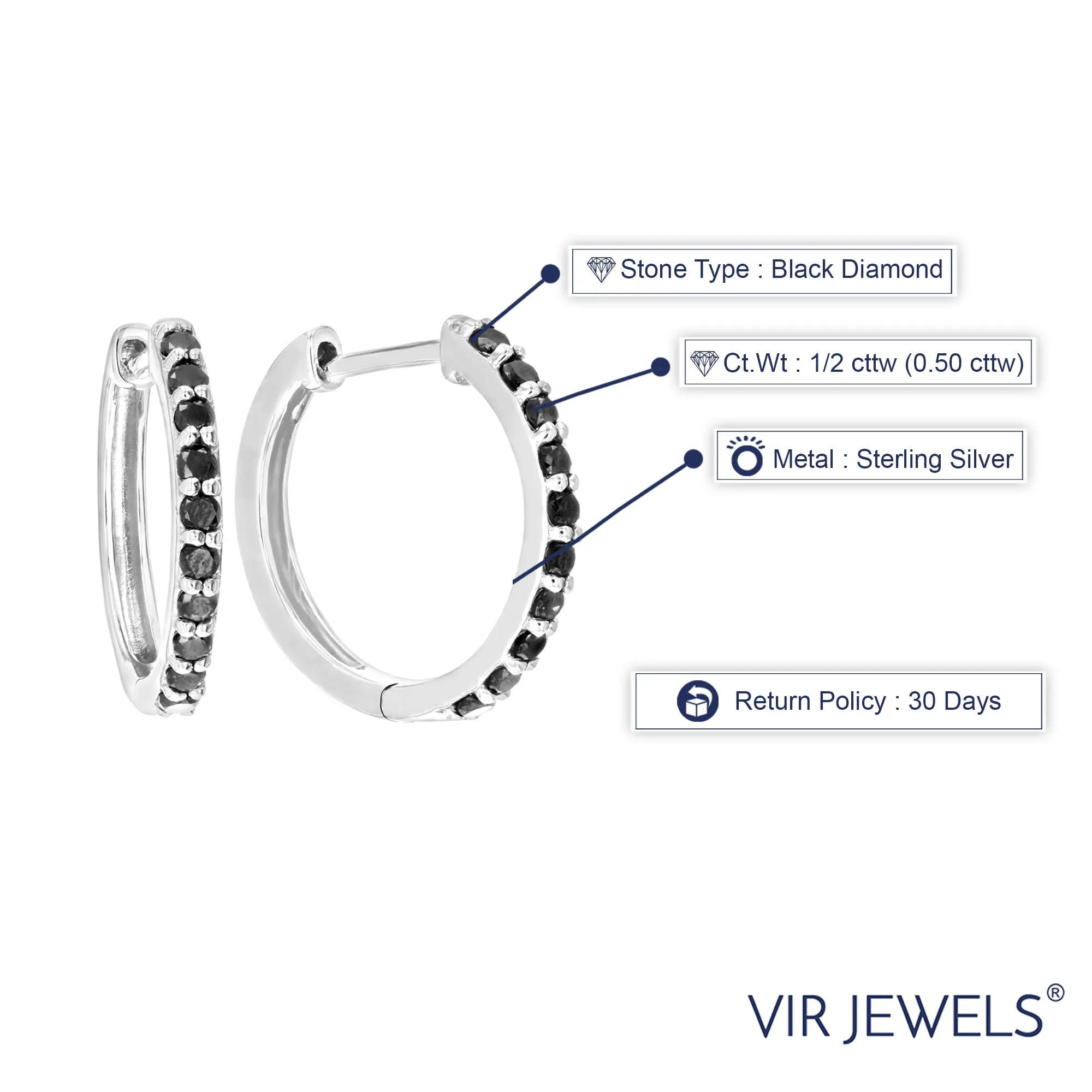 1/2 cttw Black Diamond Hoop Earrings in .925 Sterling Silver