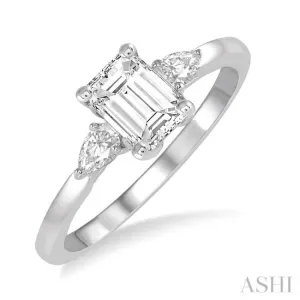 1/2 ctw Octagon Emerald and Pear Cut Diamond Ladies Engagement Ring with 1/3 ct Emerald Cut Center Stone in 14K White Gold