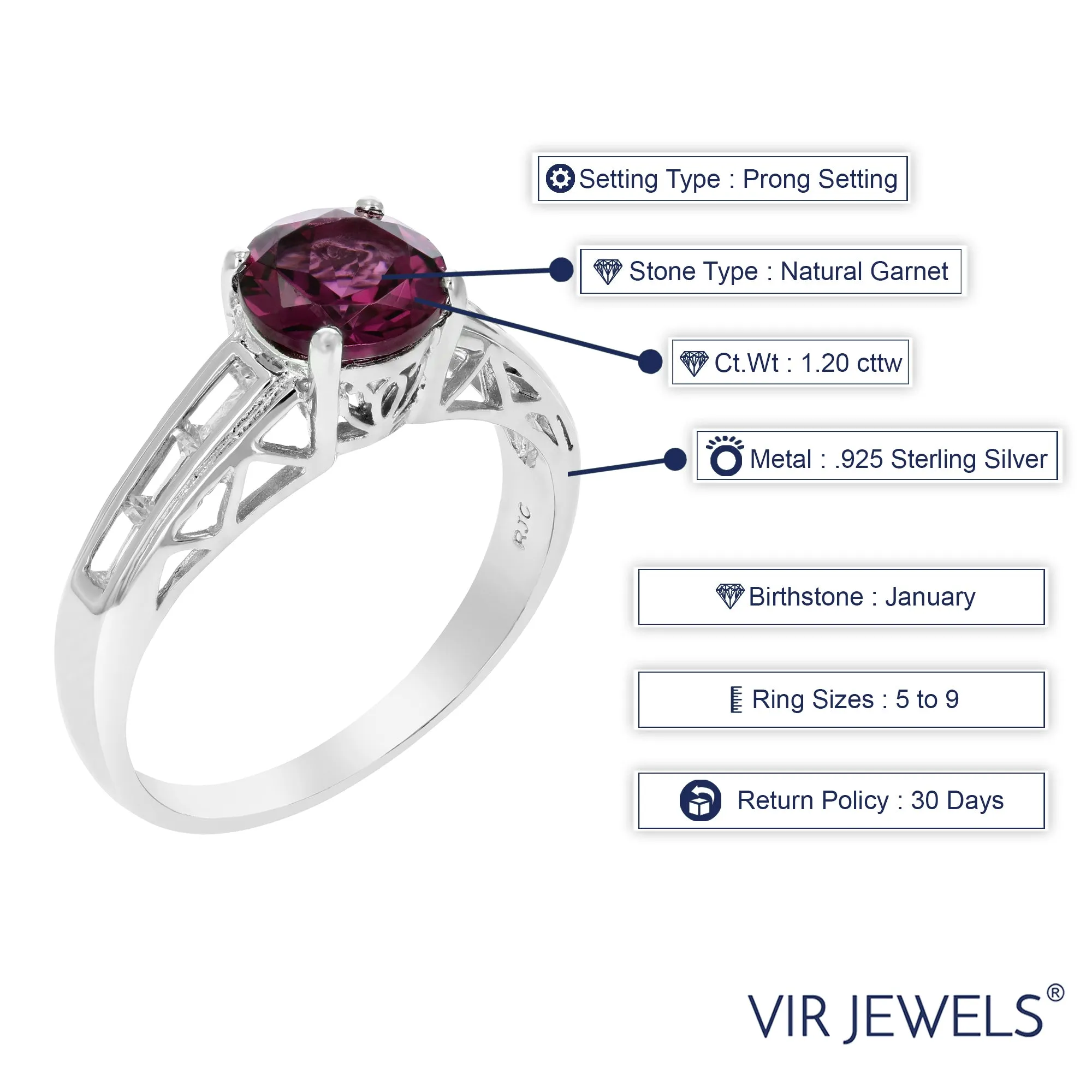 1.20 cttw Garnet Ring .925 Sterling Silver with Rhodium Plating Round Shape 7 MM