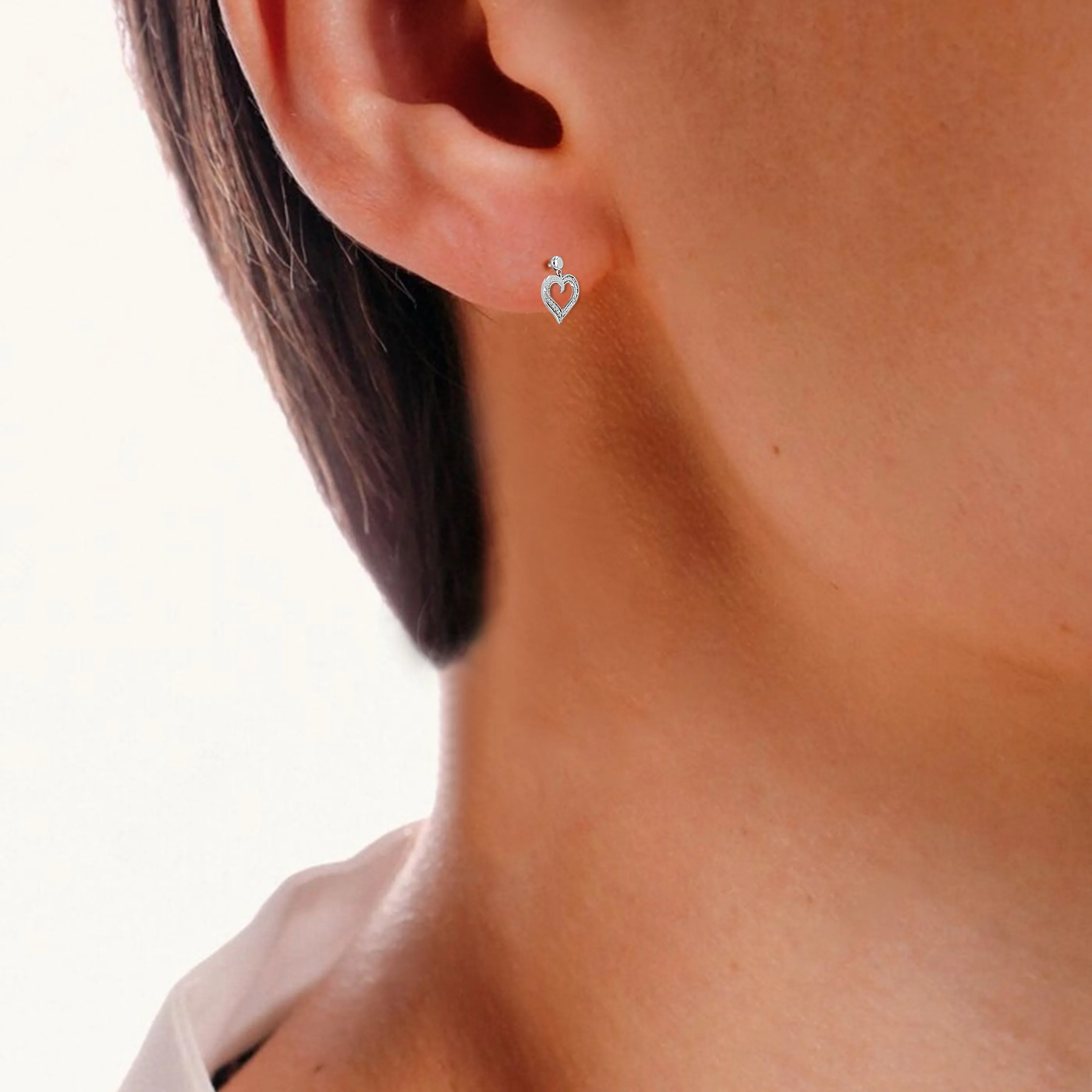 1/20 cttw Lab Grown Heart Diamond Dangle Earrings in Sterling Silver