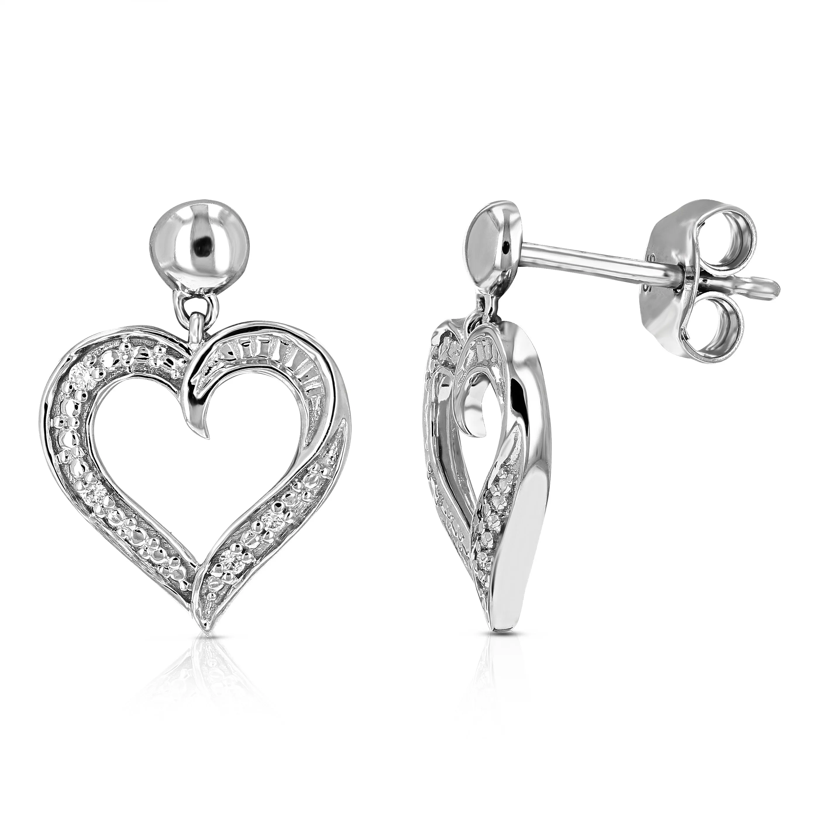 1/20 cttw Lab Grown Heart Diamond Dangle Earrings in Sterling Silver