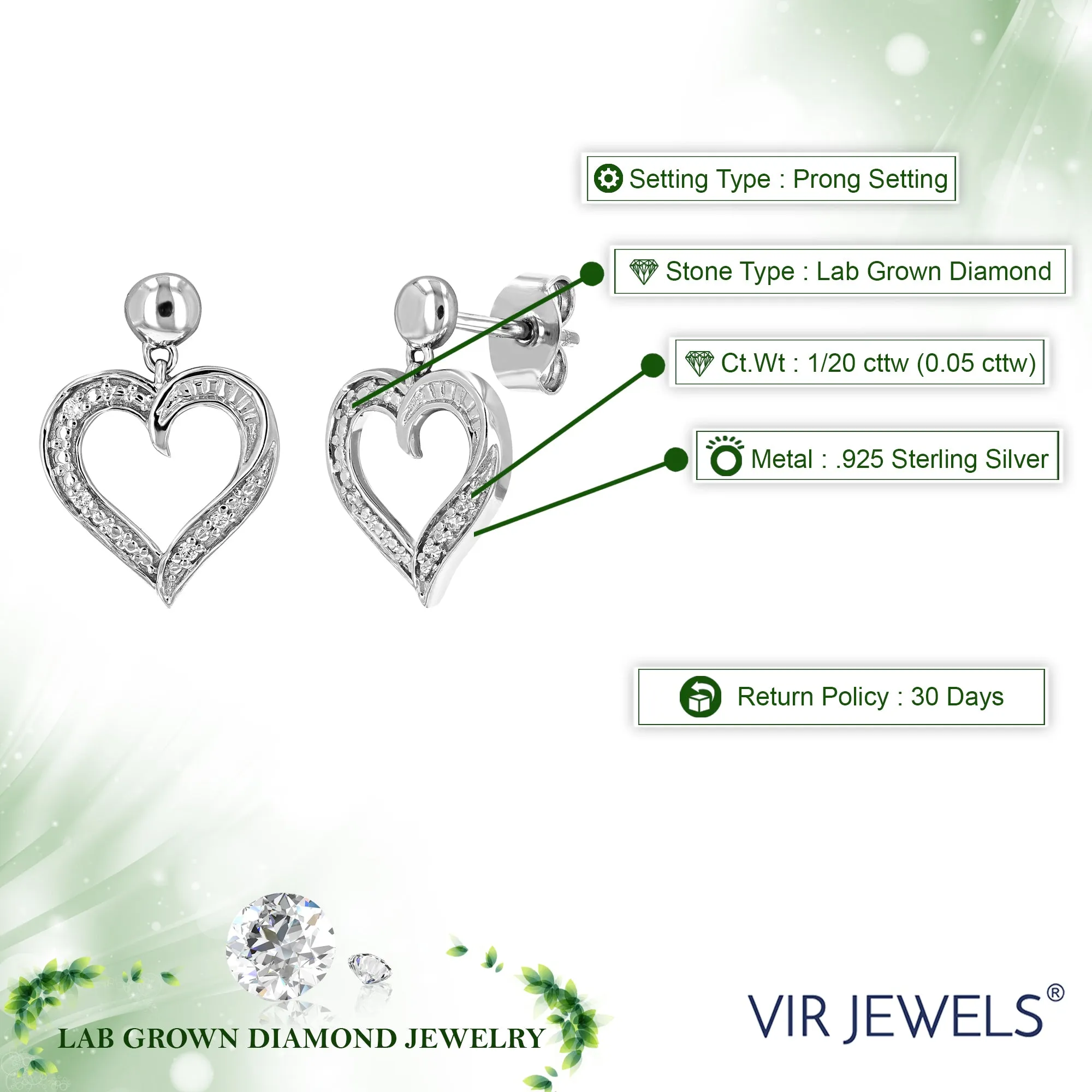 1/20 cttw Lab Grown Heart Diamond Dangle Earrings in Sterling Silver