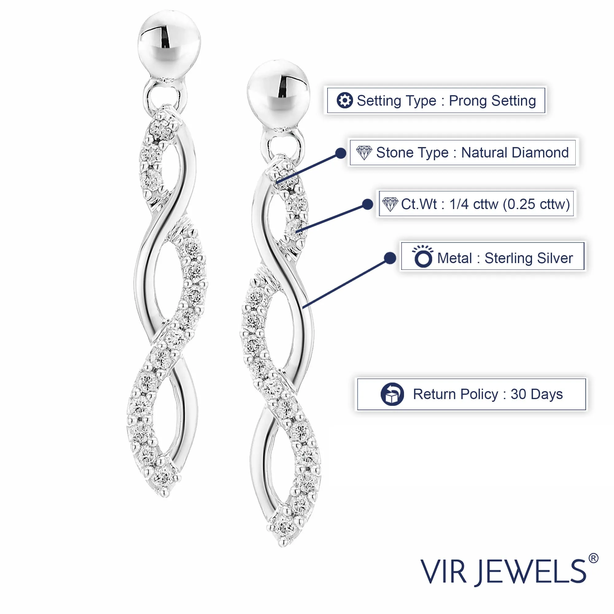 1/4 cttw Diamond Twisted Drop Dangle Earrings in Sterling Silver