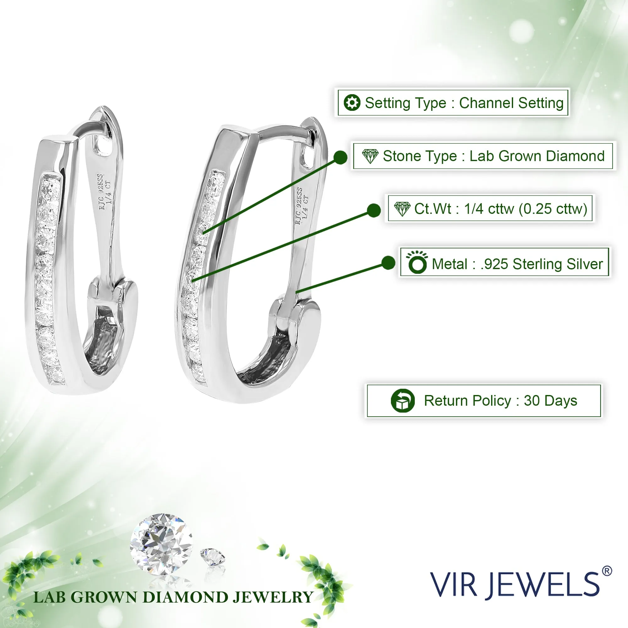 1/4 cttw Lab Grown Diamond Channel Hoop Earring Sterling Silver