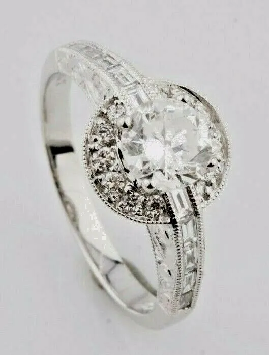 1.40 Carat Round Diamond Halo 18k White Gold Engagement Ring Size 6.5