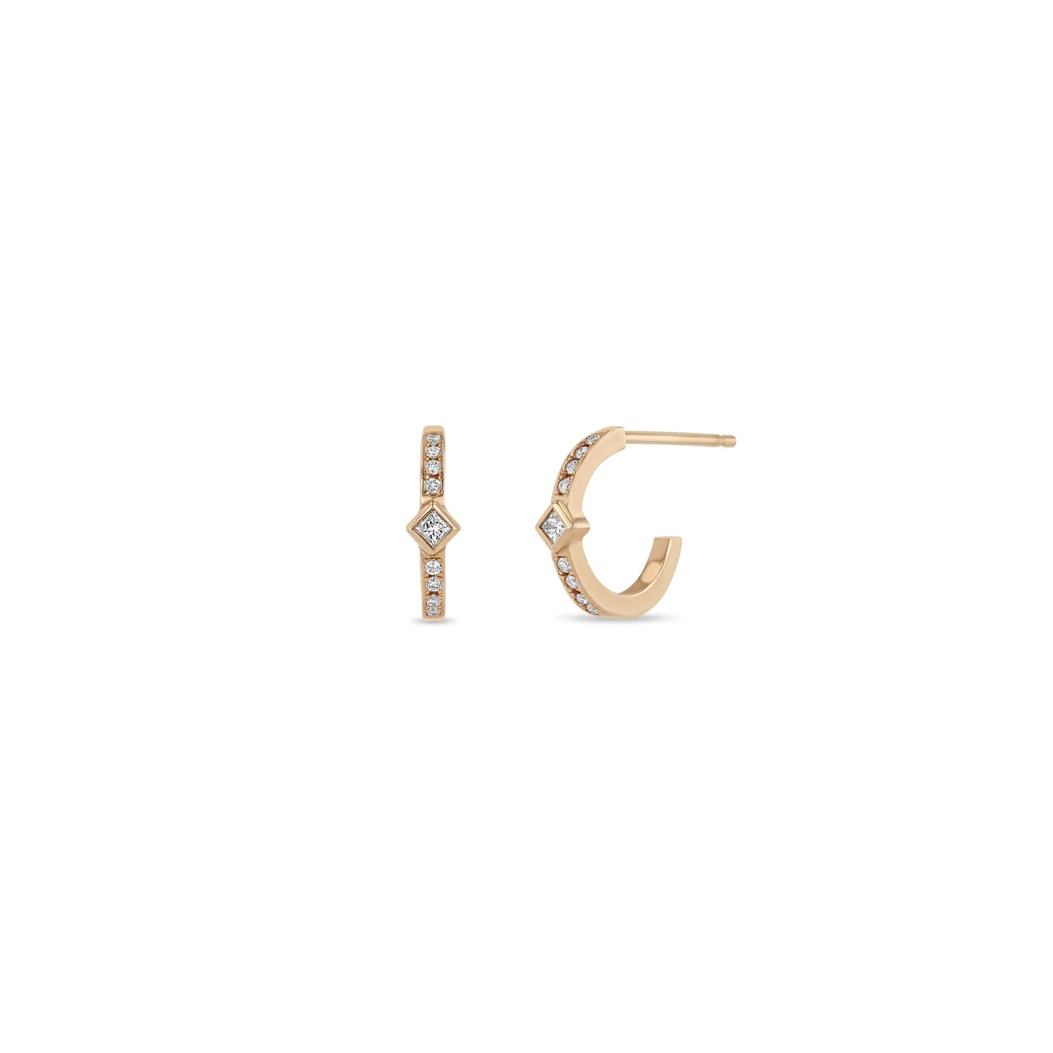 14k Princess Diamond & Diamond Bar Huggie Hoops