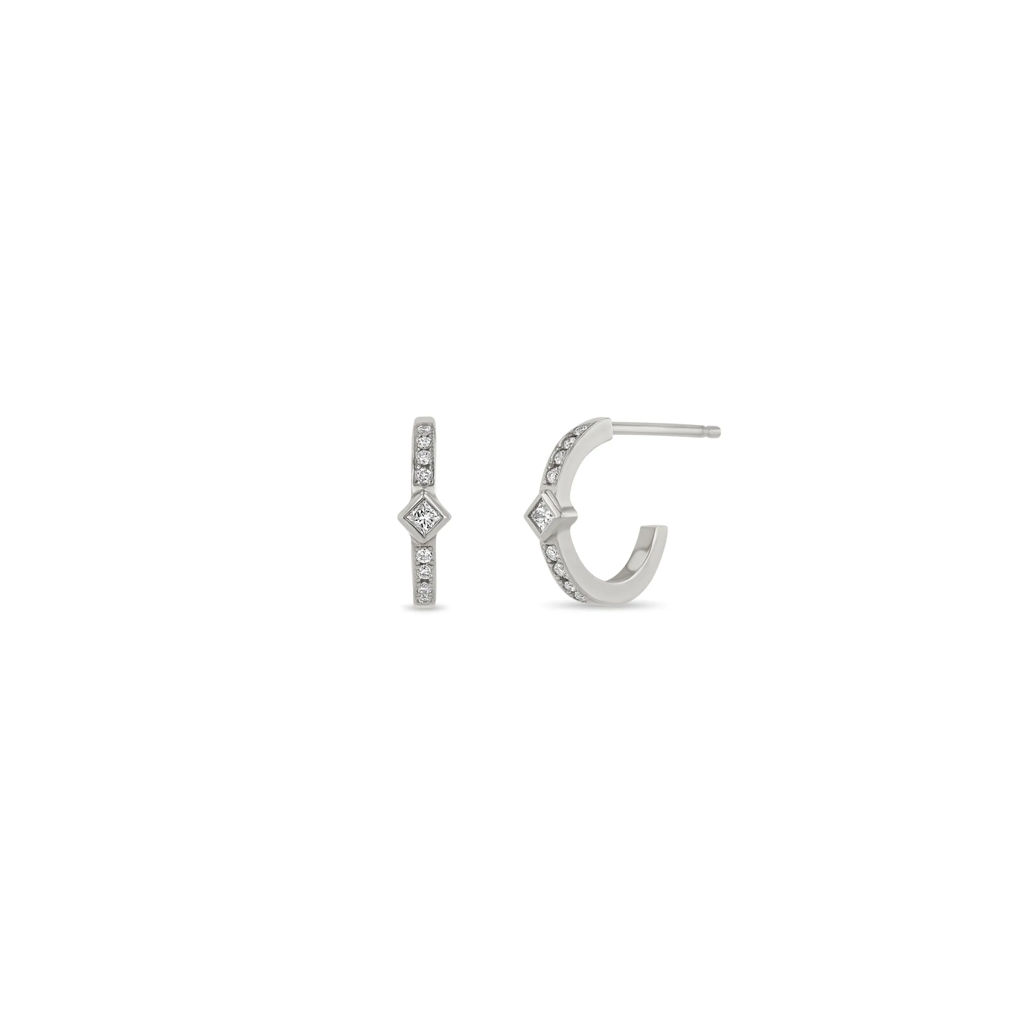 14k Princess Diamond & Diamond Bar Huggie Hoops