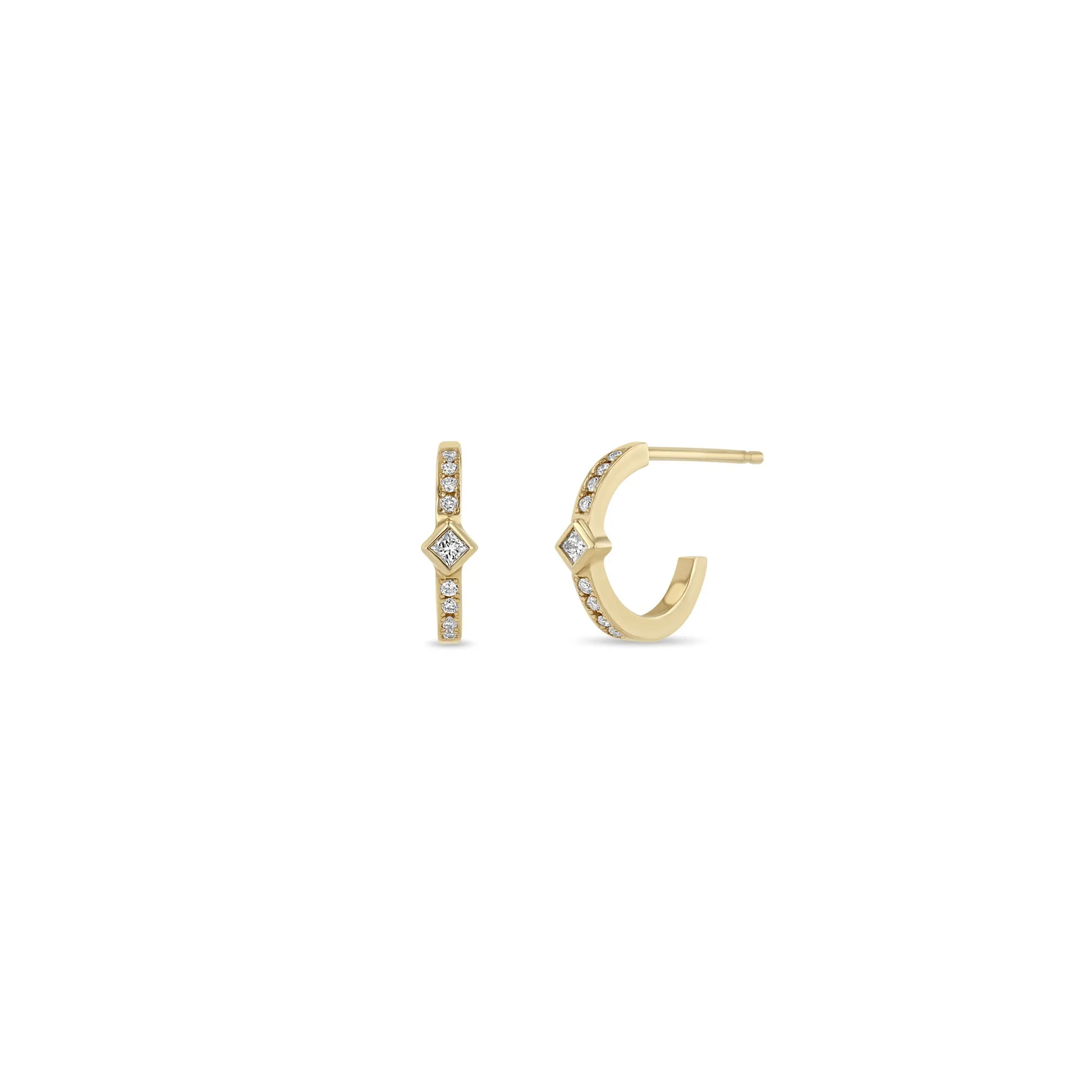 14k Princess Diamond & Diamond Bar Huggie Hoops