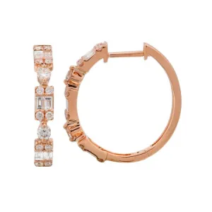 14K Rose Gold Round   Baguette Cluster Hoop Earrings