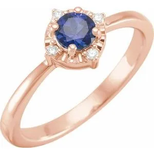14K Rose Lab-Grown Blue Sapphire & .04 CTW Natural Diamond Halo-Style Ring