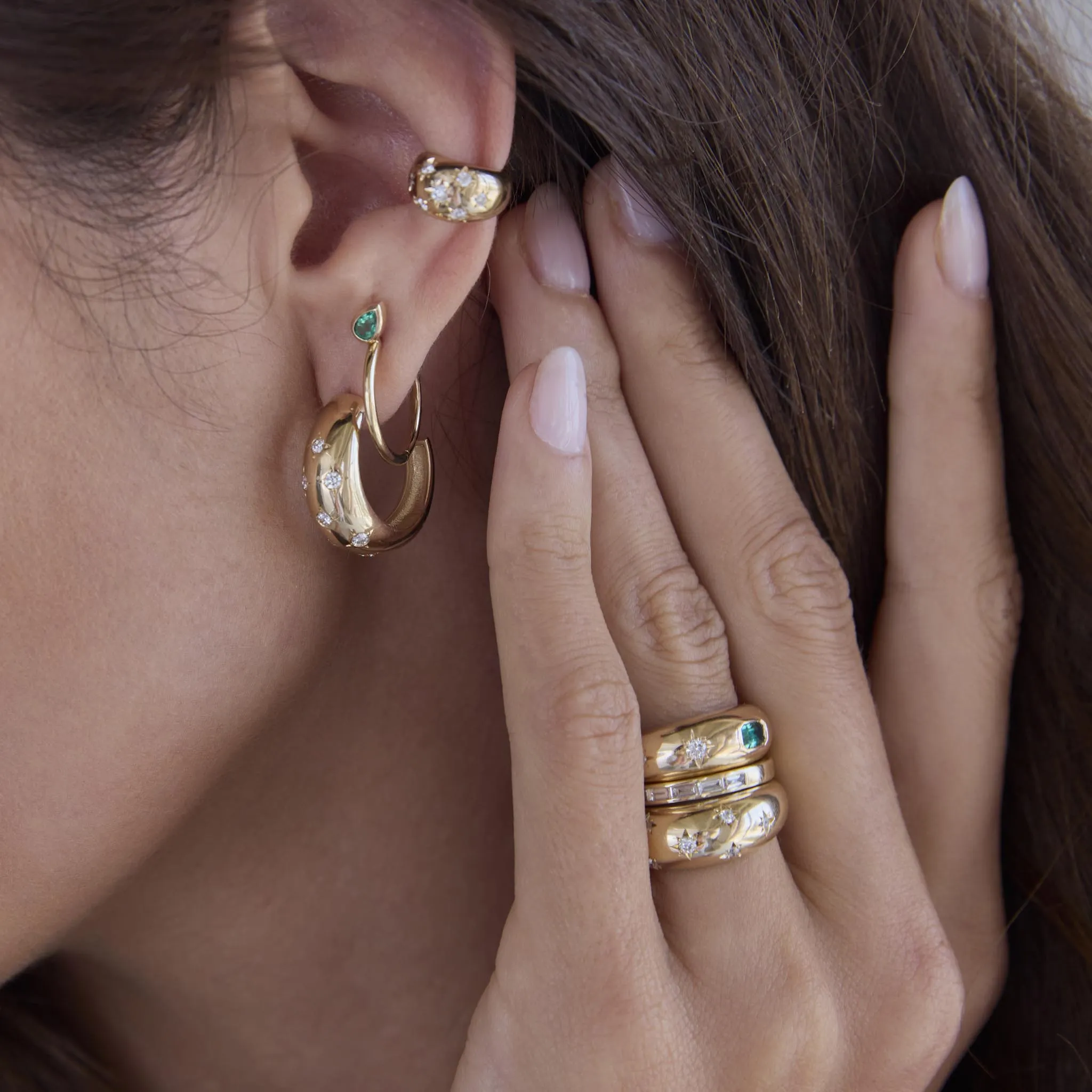 14k Scattered Star Set Diamonds Medium Aura Hoops