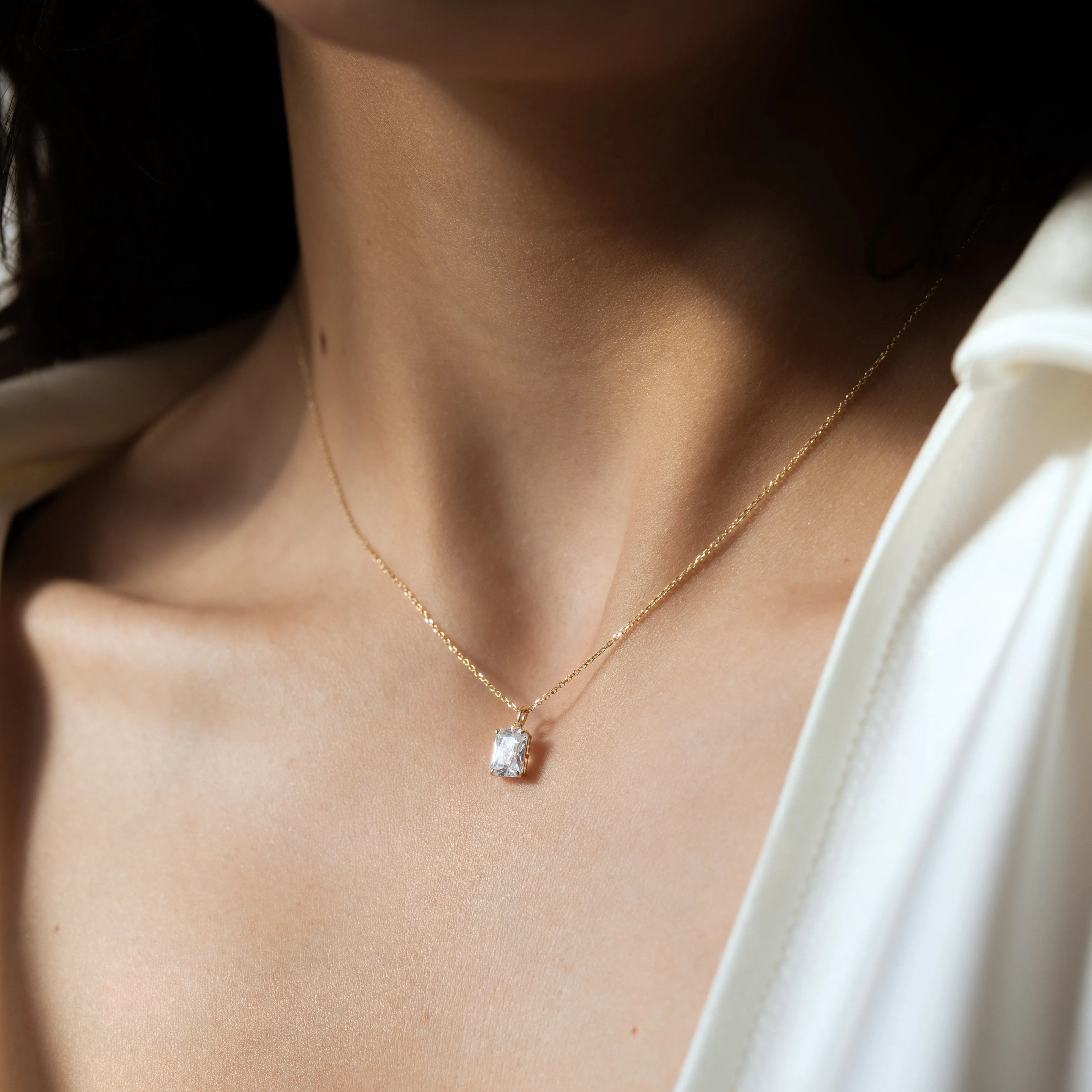 14k Solid Clear CZ Emerald Necklace