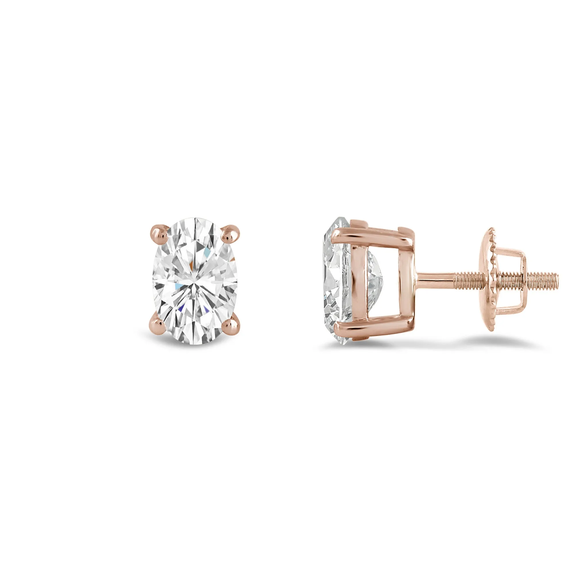 14K Solid Rose Gold Solitaire Stud Earrings | Oval Cut Cubic Zirconia | Screw Back Posts | 1.0 CTW | With Gift Box