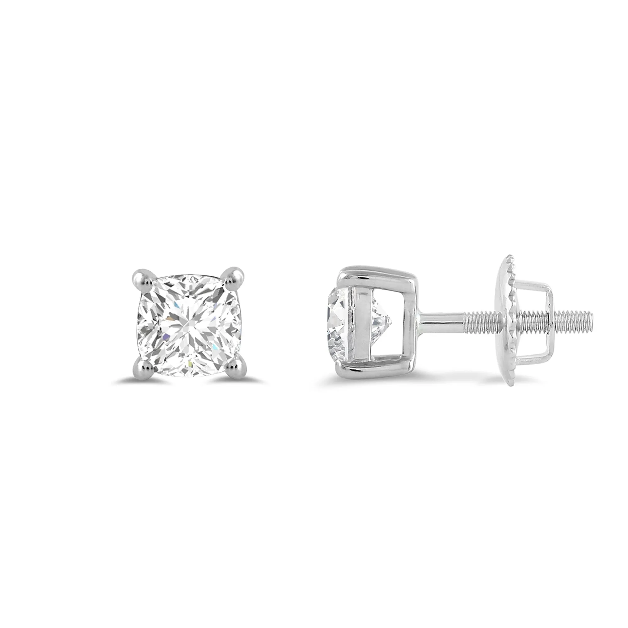 14K Solid White Gold Solitaire Stud Earrings | Cushion Cut Cubic Zirconia | Screw Back Posts | 0.5 CTW | With Gift Box