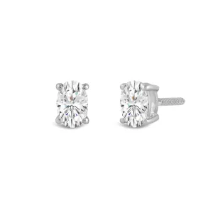 14K Solid White Gold Solitaire Stud Earrings | Oval Cut Cubic Zirconia | Screw Back Posts | 1.0 CTW | With Gift Box