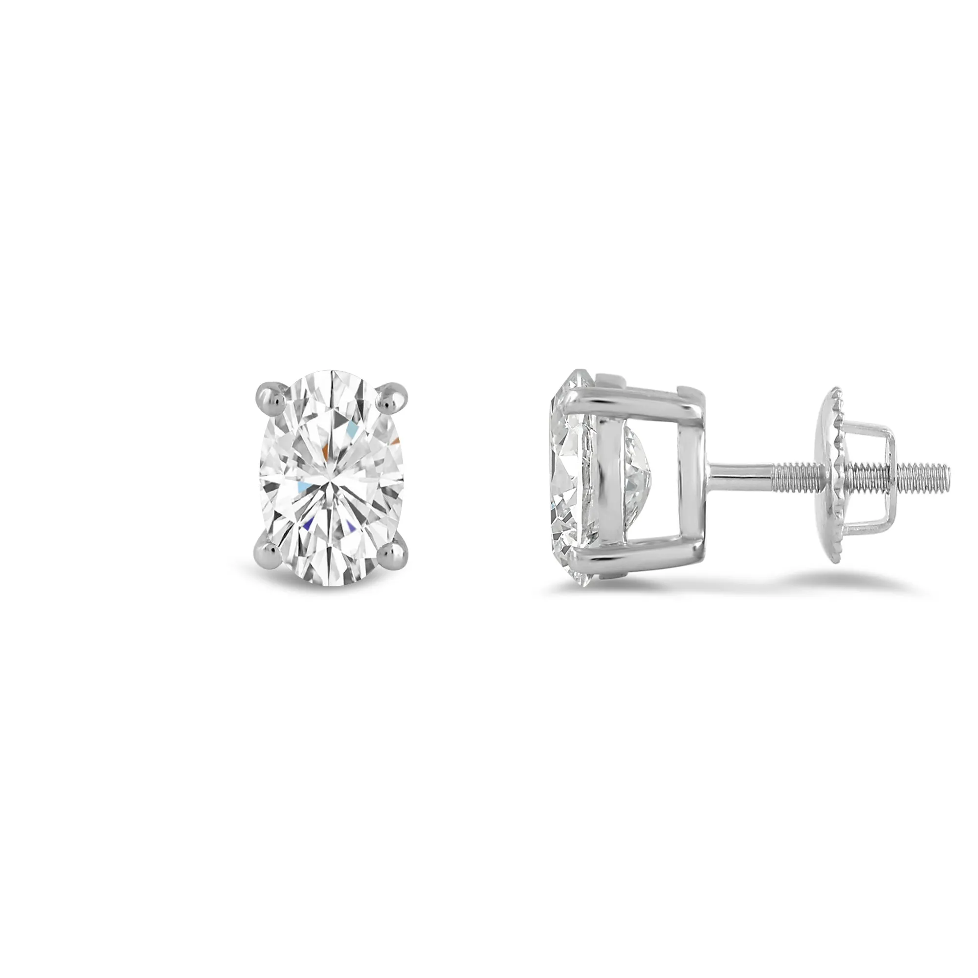 14K Solid White Gold Solitaire Stud Earrings | Oval Cut Cubic Zirconia | Screw Back Posts | 1.0 CTW | With Gift Box