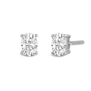 14K Solid White Gold Solitaire Stud Earrings | Oval Cut Cubic Zirconia | Screw Back Posts | 2.0 CTW | With Gift Box