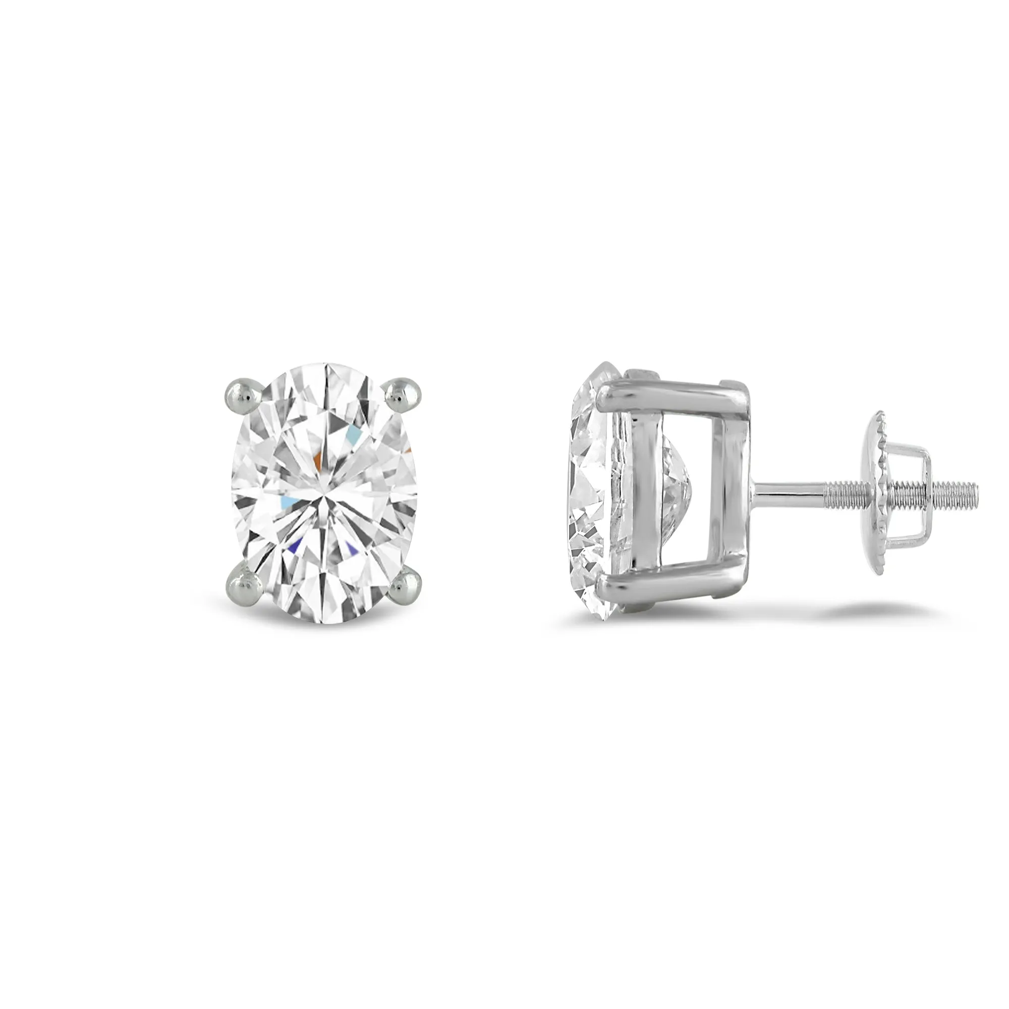 14K Solid White Gold Solitaire Stud Earrings | Oval Cut Cubic Zirconia | Screw Back Posts | 2.0 CTW | With Gift Box