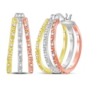 14K Tri-Tone Gold Round Diamond Triple Hoop Earrings 1/5 Cttw