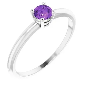 14K White 3 mm Round Amethyst Birthstone Ring Size 3