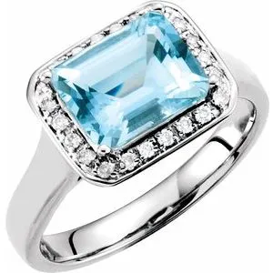 14K White Aquamarine & 1/8 CTW Diamond Halo-Style Ring