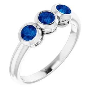 14K White Chatham® Created Blue Sapphire Three-Stone Bezel-Set Ring