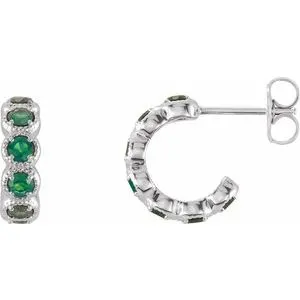 14K White Chatham® Lab-Created Emerald Hoop Earrings