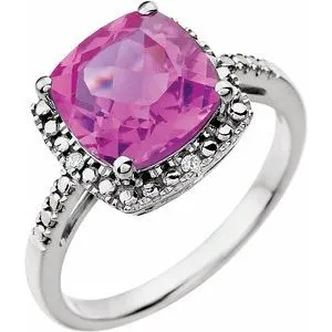 14K White Created Pink Sapphire & .03 CTW Diamond Ring