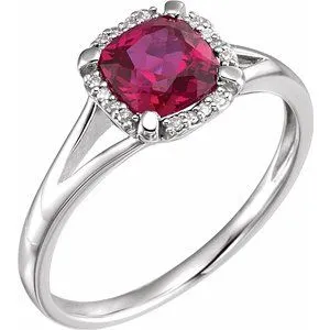 14K White Created Ruby & .05 CTW Diamond Ring